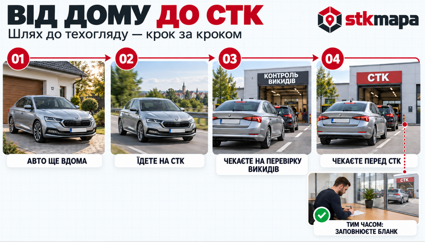 Інфографіка з чотирьох кроків: автомобіль біля дому, поїздка на СТК, очікування перевірки викидів і заїзду на техогляд. Поки авто чекає, водій заповнює бланк в офісі.