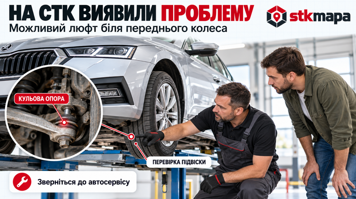 Працівник СТК показує водієві можливу несправність біля переднього колеса автомобіля на підйомнику. Збільшений фрагмент інфографіки виділяє кульову опору.